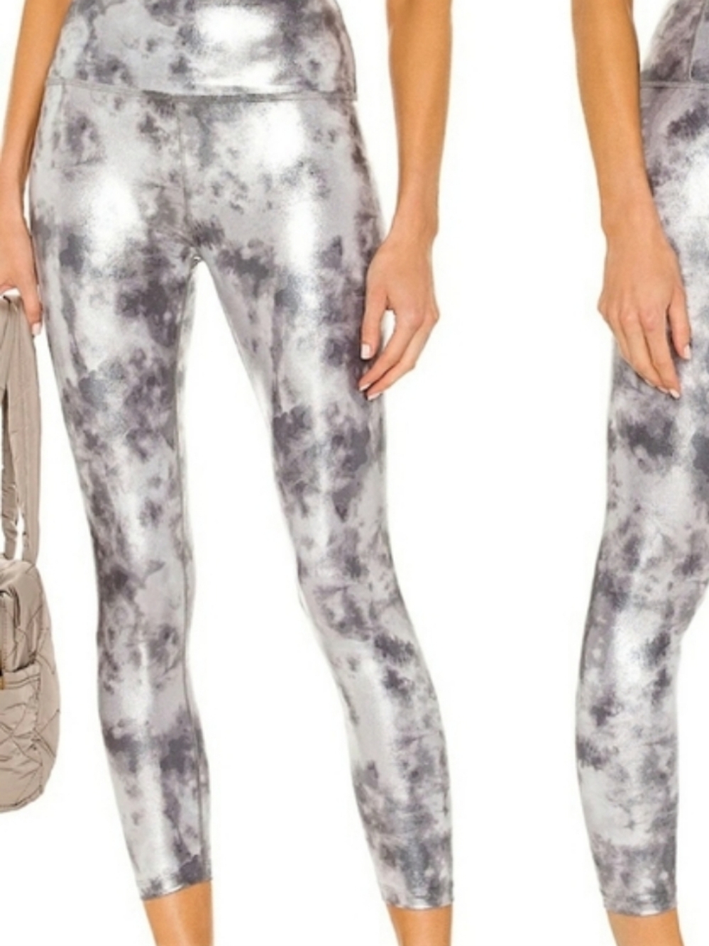Beyond Yoga High Waisted Midi Leggings in a gray tie-dye foil design M